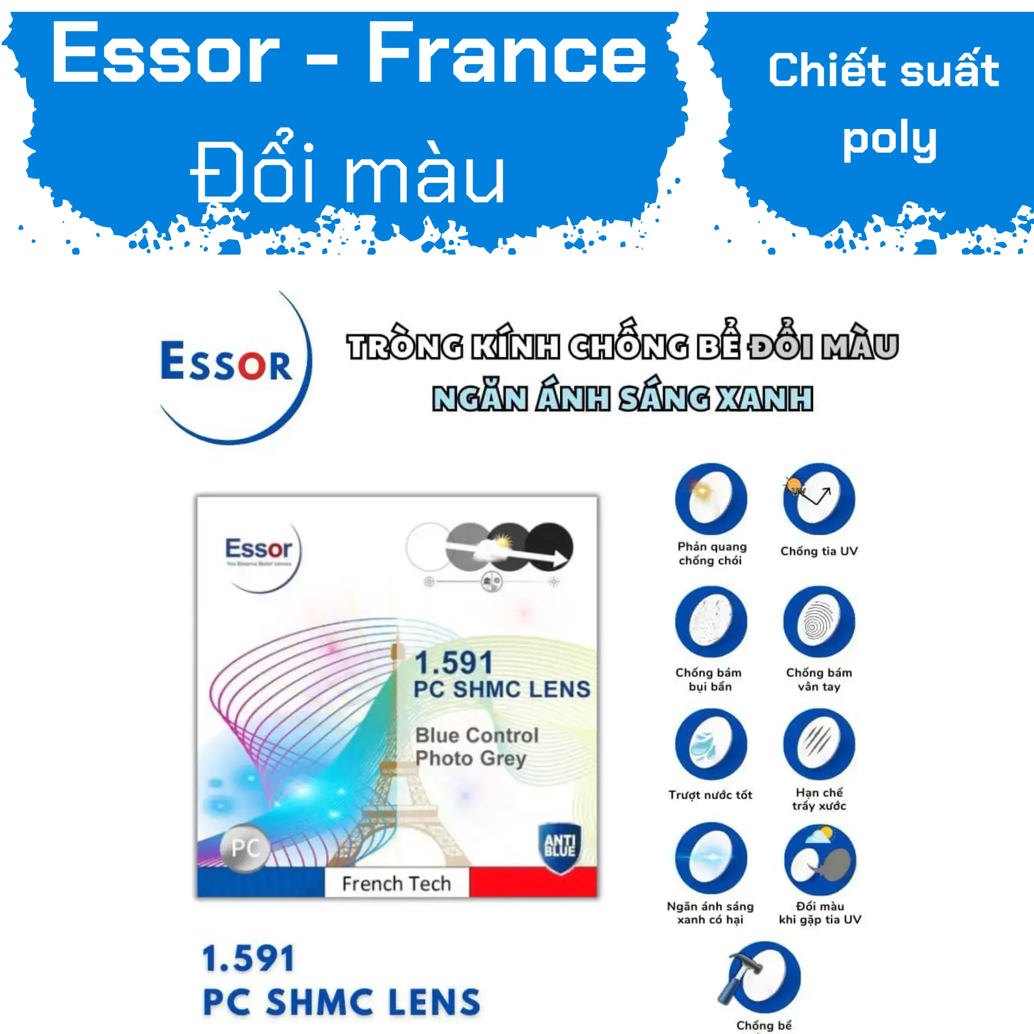 TRÒNG KÍNH ESSOR EP Polycarbonate Series PC Blue Control PhotoGrey Lenses 1.59 — Hình 1