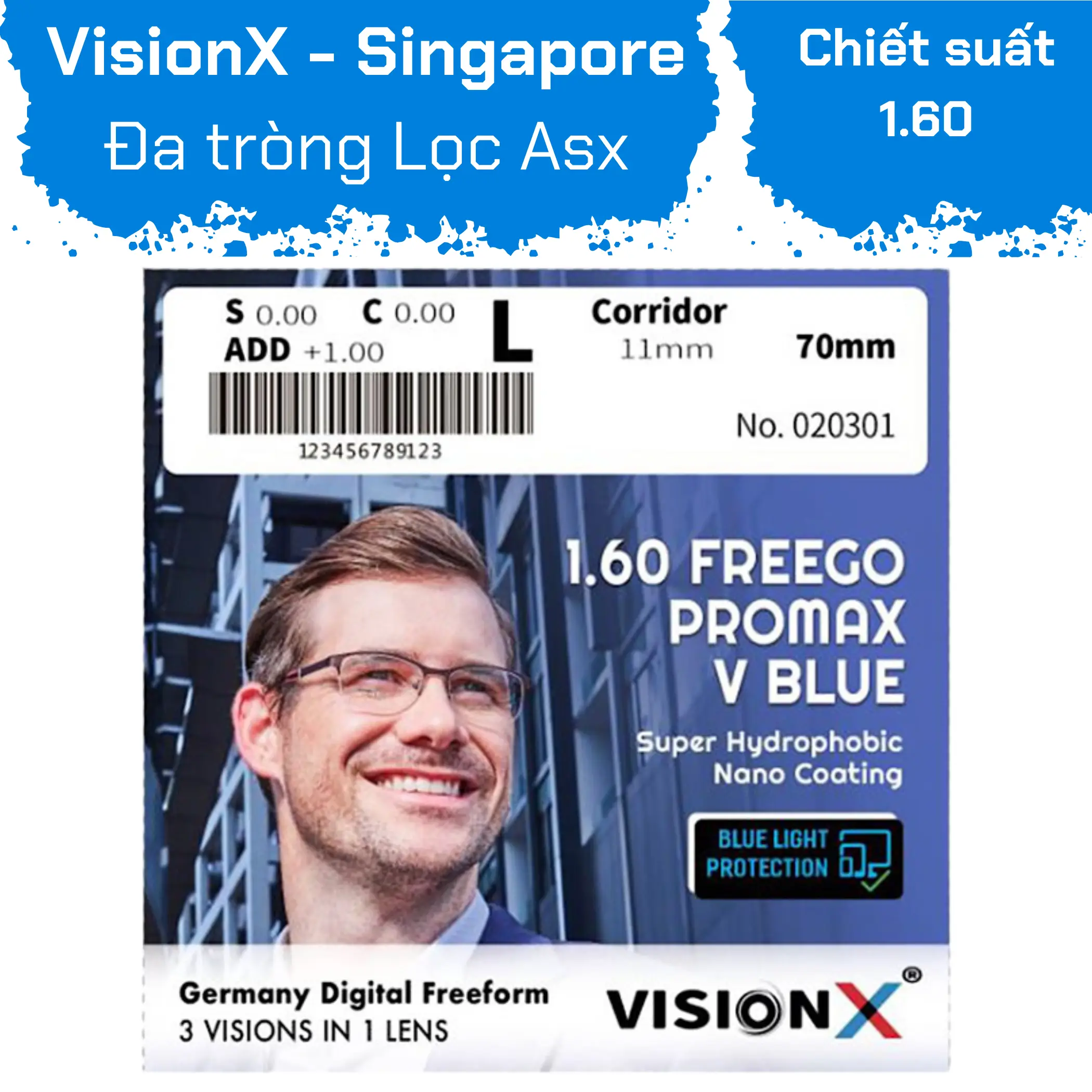 Tròng kính Đa tròng Freeform chống ánh sáng xanh VisionX 1.60 Freego Promax V Blue — Hình 1