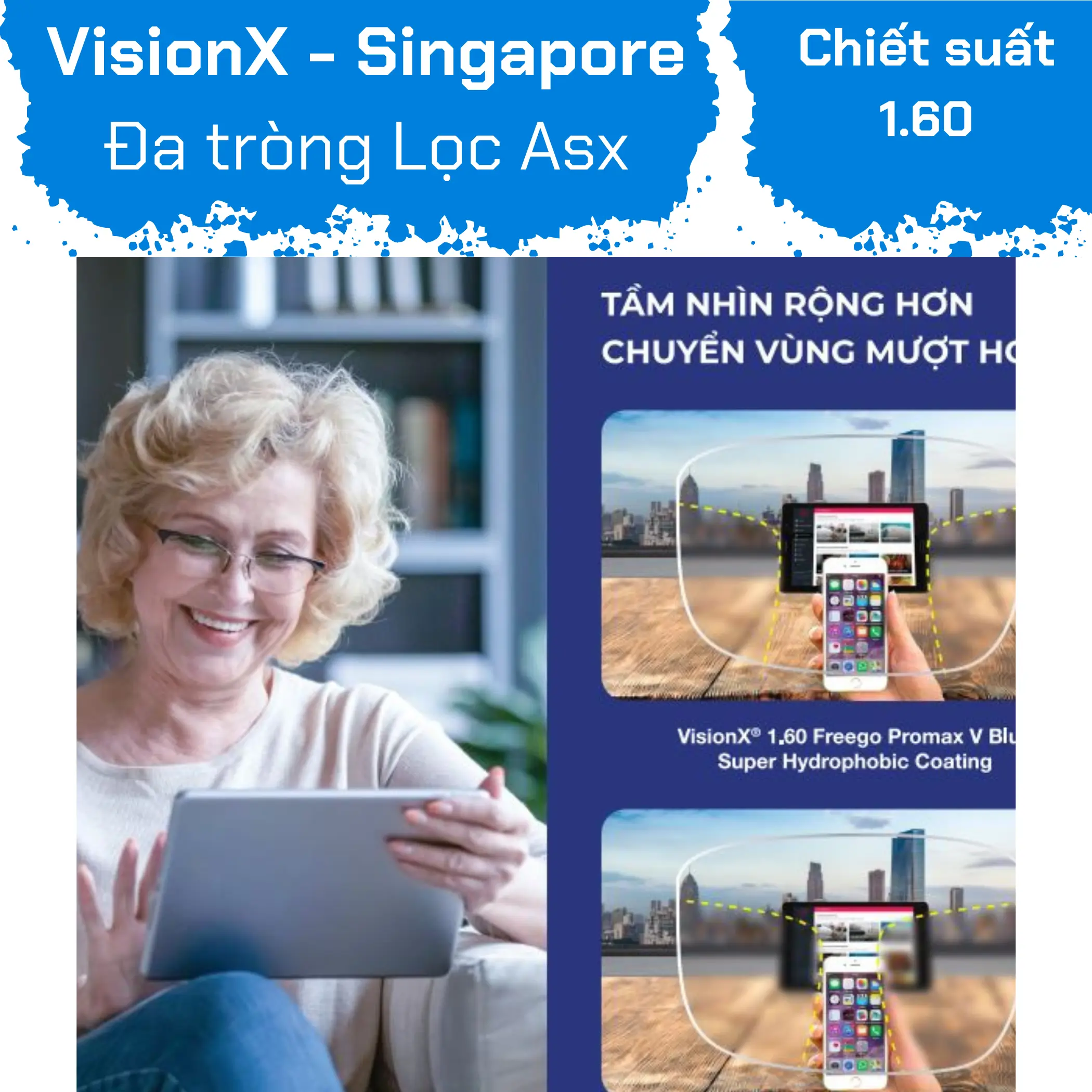Tròng kính Đa tròng Freeform chống ánh sáng xanh VisionX 1.60 Freego Promax V Blue — Ảnh nhỏ 4