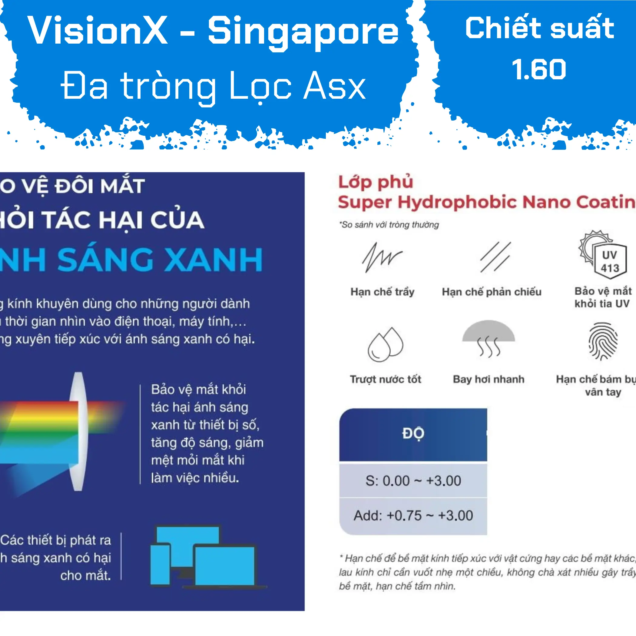 Tròng kính Đa tròng Freeform chống ánh sáng xanh VisionX 1.60 Freego Promax V Blue — Ảnh nhỏ 2