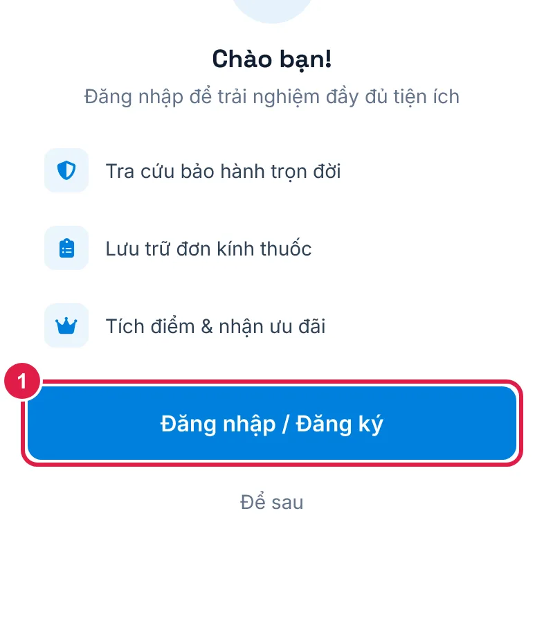 Bảng chào khi bấm biểu tượng tài khoản