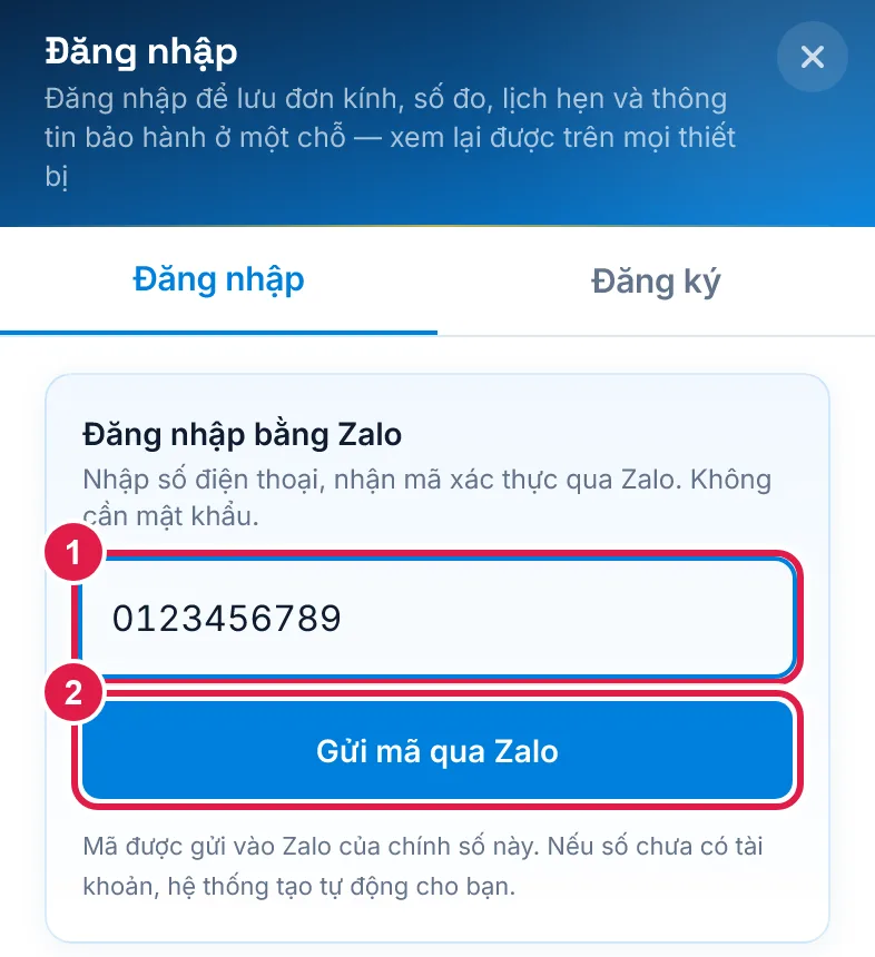 Nhập số điện thoại và bấm Gửi mã qua Zalo