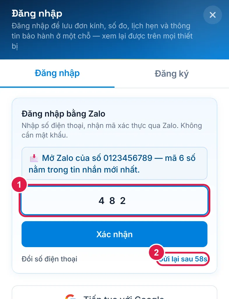 Nhập mã 6 số nhận qua Zalo