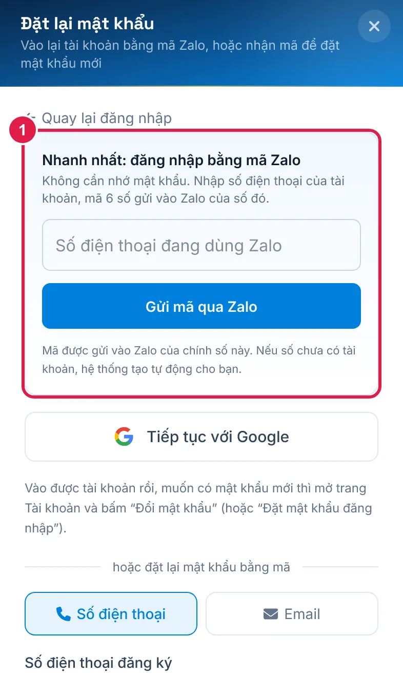 Màn Quên mật khẩu: đăng nhập bằng mã Zalo
