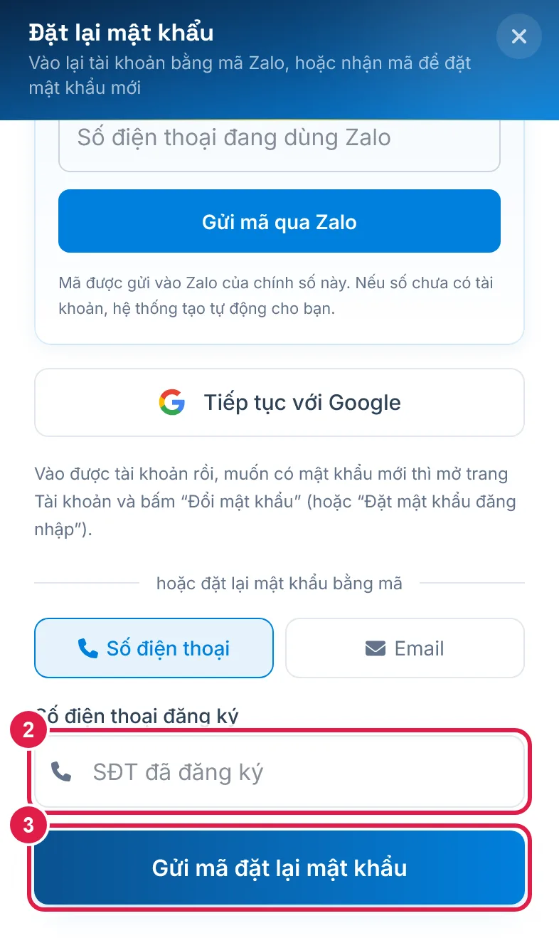 Đặt lại mật khẩu bằng mã