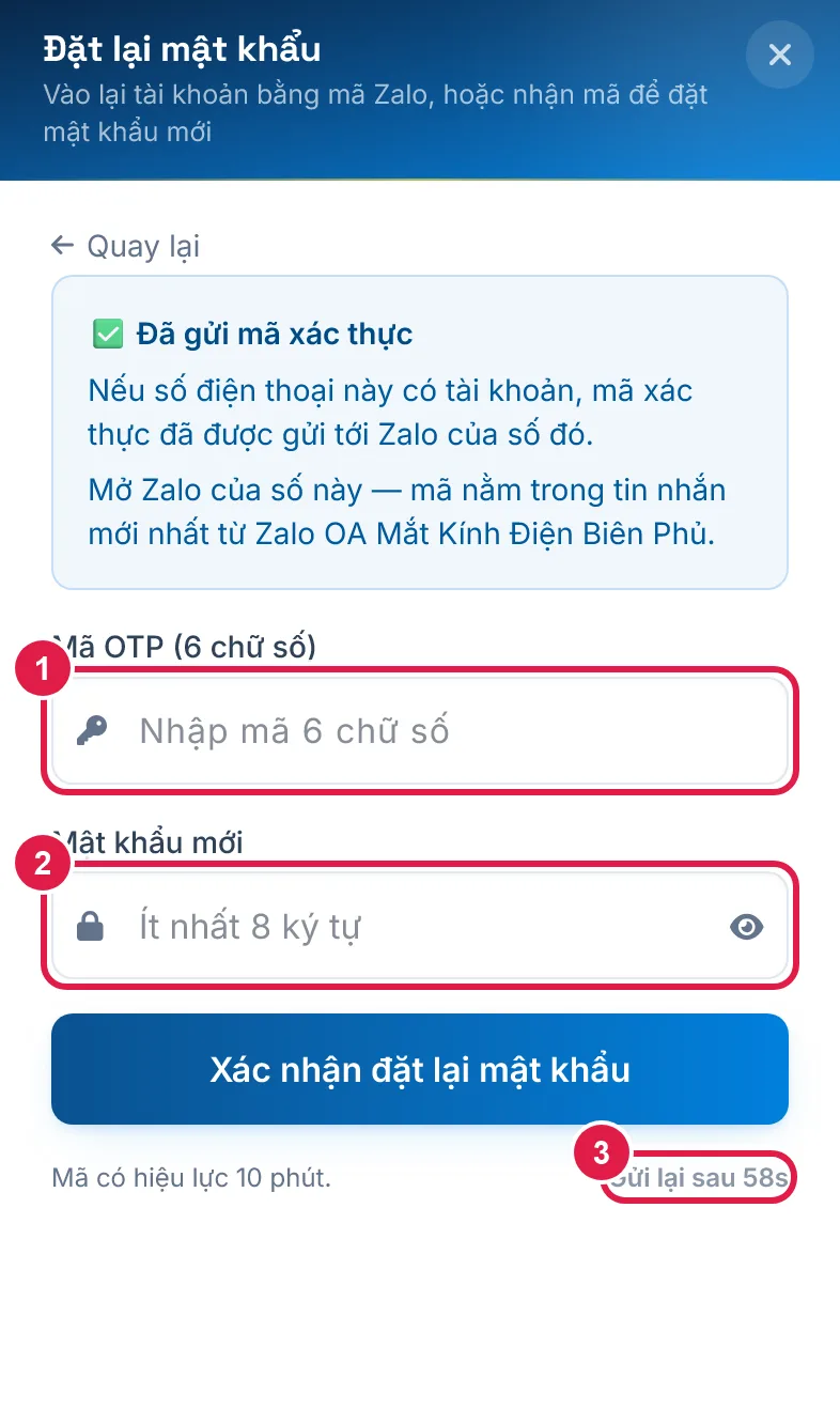 Nhập mã và mật khẩu mới
