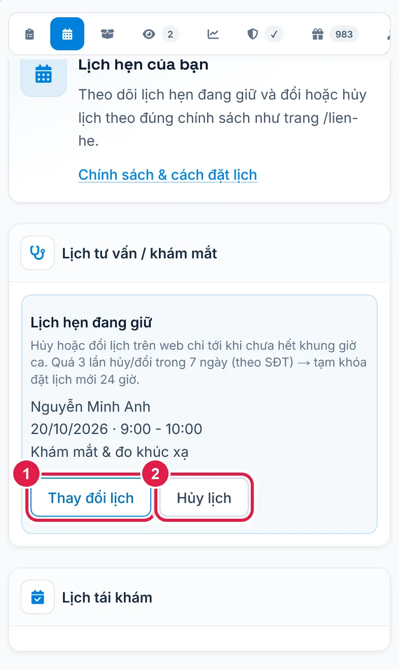 Lịch hẹn đang giữ với nút đổi và hủy