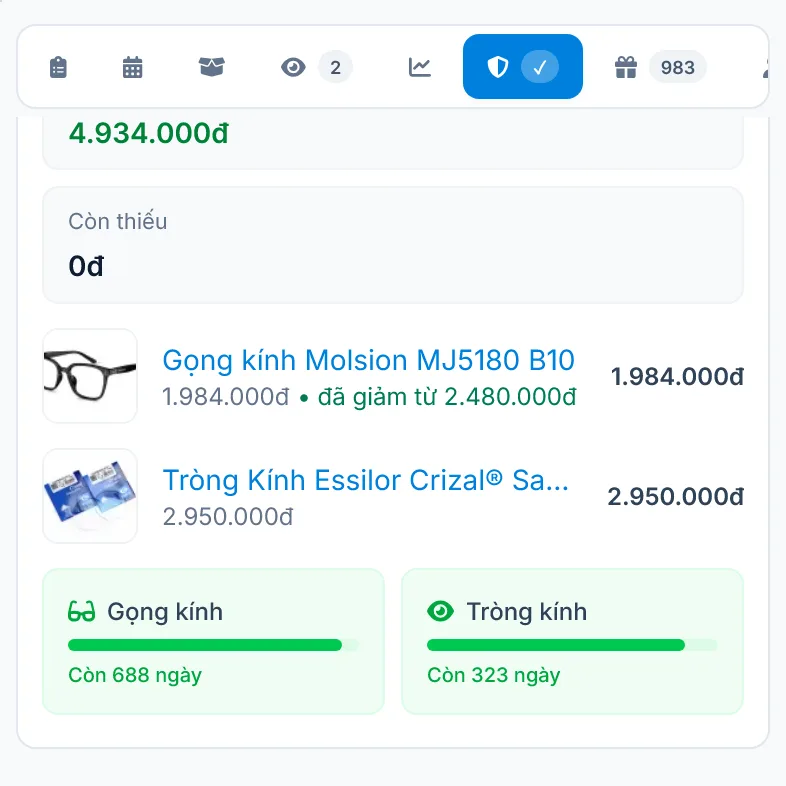 Mục Bảo hành với thời hạn gọng và tròng