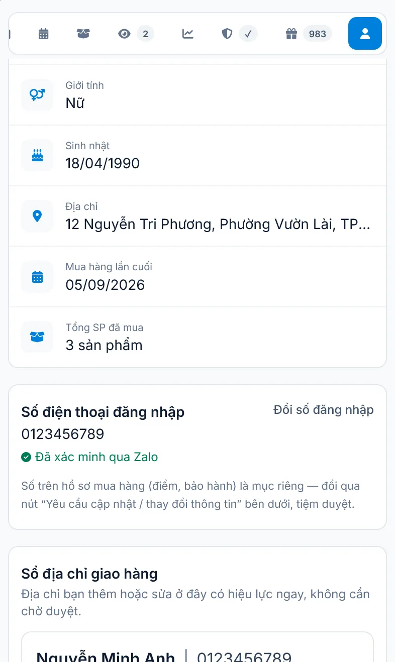 Thẻ Số điện thoại đăng nhập trong mục Cá nhân