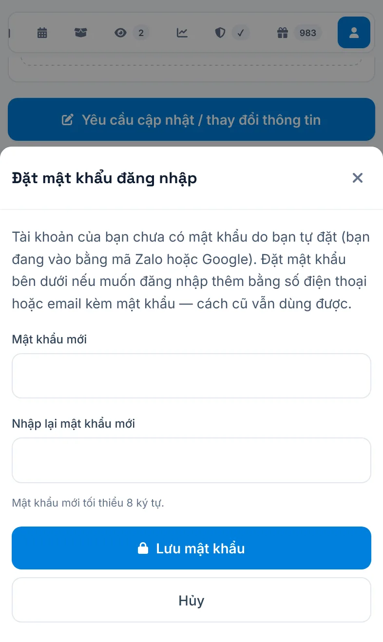 Hộp Đặt mật khẩu đăng nhập