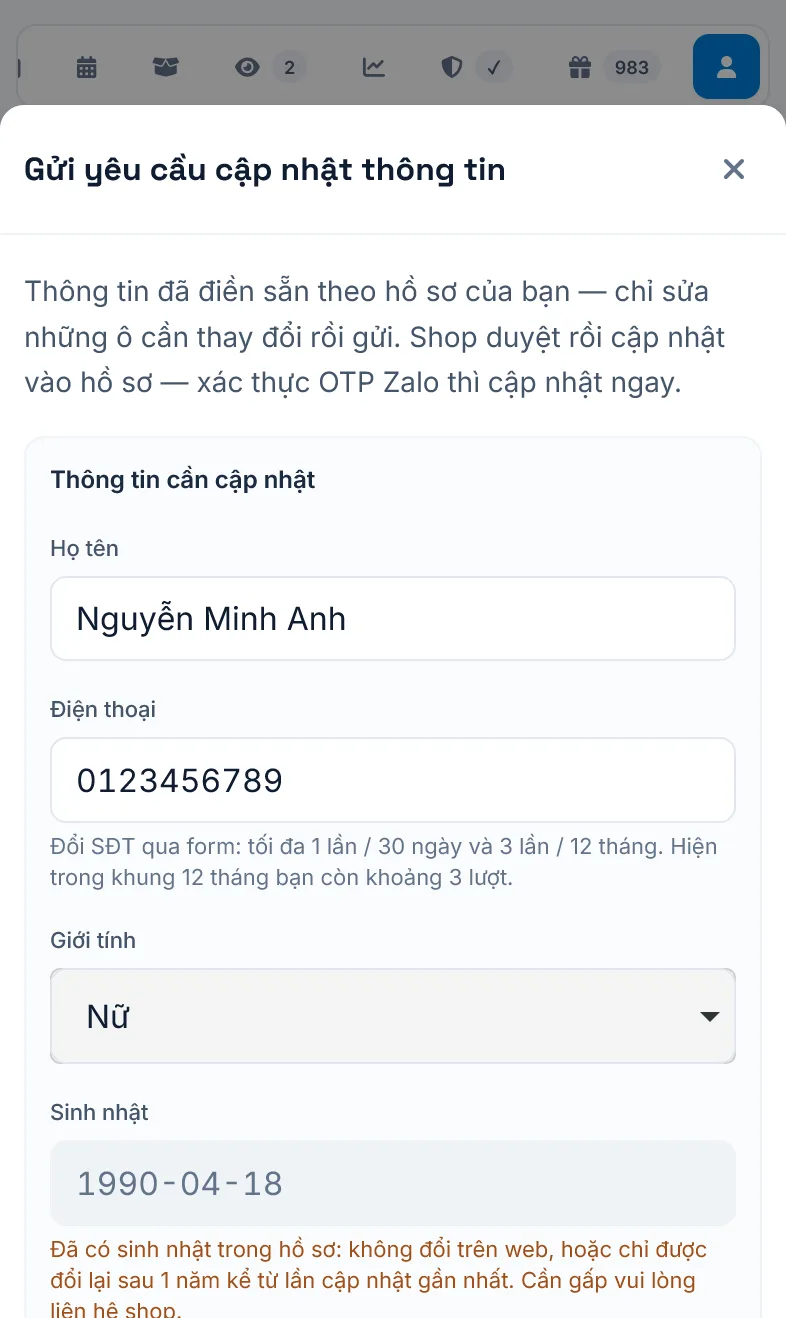 Hộp Yêu cầu cập nhật thông tin
