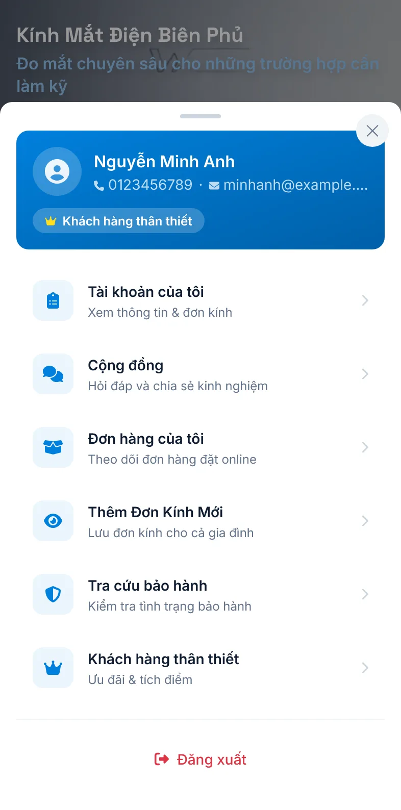 Menu tài khoản khi đã đăng nhập