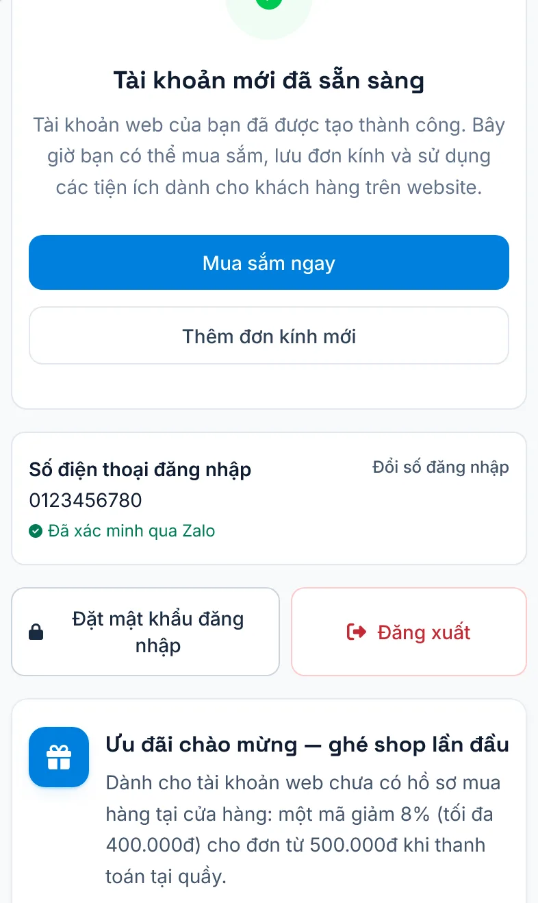 Trang Tài khoản của tài khoản mới