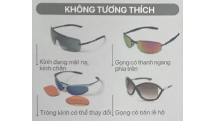 Các kiểu gọng không tương thích với tròng Stylistic: kính dạng mặt nạ / kính chắn, gọng có thanh ngang phía trên, tròng có thể thay đổi, gọng có bản lề hở (catalog Essilor Việt Nam 2026)