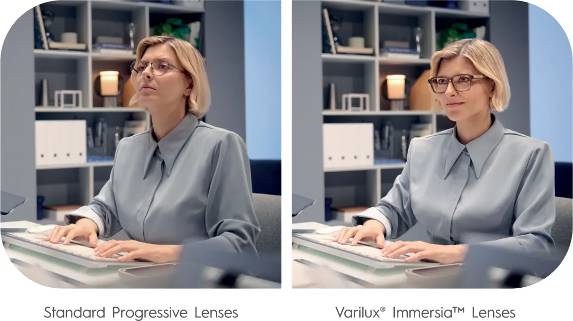 Tư thế đầu trước màn hình: đa tròng thông thường phải ngửa cổ (trái), Varilux Immersia đầu giữ tự nhiên (phải)