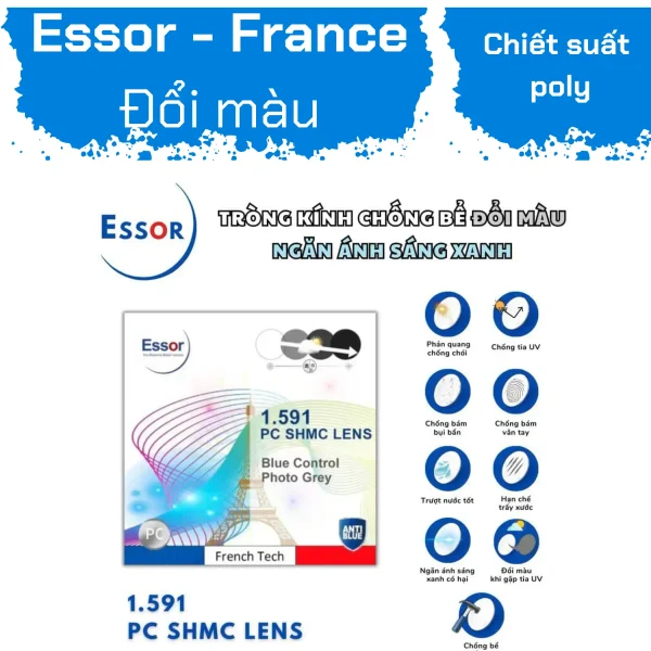 TRÒNG KÍNH ESSOR EP Polycarbonate Series PC Blue Control PhotoGrey Lenses 1.59