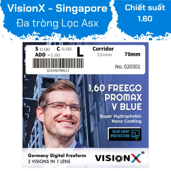 Tròng kính Đa tròng Freeform chống ánh sáng xanh VisionX 1.60 Freego Promax V Blue